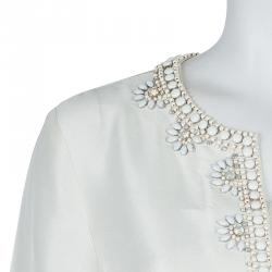 مملوكة مسبقًا Tory Burch Cream Raw Silk Embellished Long Sleeve Tunic Blouse L