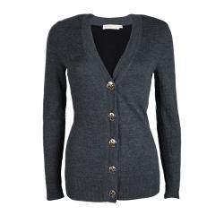 Pre Owned Tory Burch Colorblock Merino Wool Logo Button Detail Cardigan S