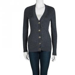 Pre Owned Tory Burch Colorblock Merino Wool Logo Button Detail Cardigan S