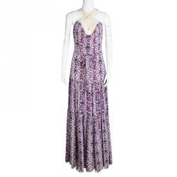 Tory Burch Purple Printed Silk Sleeveless Tiered Maxi Dress L