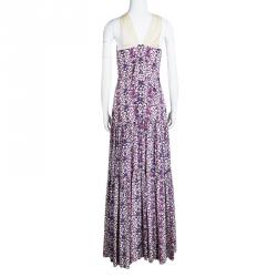 Tory Burch Purple Printed Silk Sleeveless Tiered Maxi Dress L
