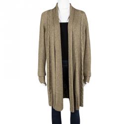 Pre Owned Tory Burch Gold Lurex Chunky Cable Knit Open Front Cardigan XL