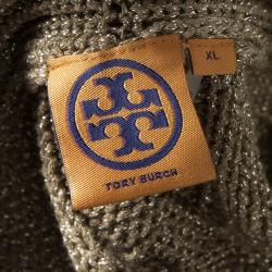 Pre Owned Tory Burch Gold Lurex Chunky Cable Knit Open Front Cardigan XL