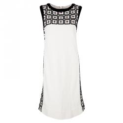 Tory Burch Cream Contrast Embroidered Velvet Trim Sleeveless Denise Dress L