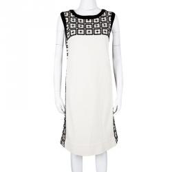 Tory Burch Cream Contrast Embroidered Velvet Trim Sleeveless Denise Dress L