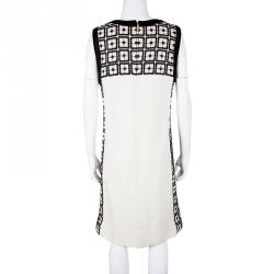 Tory Burch Cream Contrast Embroidered Velvet Trim Sleeveless Denise Dress L
