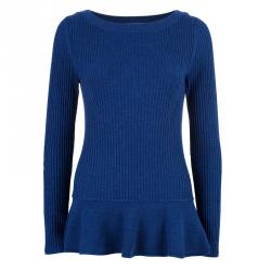 Pre Owned Tory Burch Navy Sienna Silk And Cashmere-Blend Peplum Sweater M