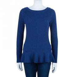 Pre Owned Tory Burch Navy Sienna Silk And Cashmere-Blend Peplum Sweater M