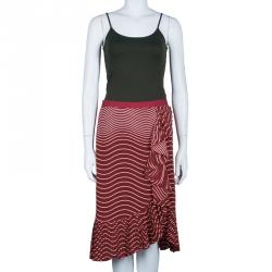Pre Owned Tory Burch Red Opalina Wavy Striped Pleated Skirt M