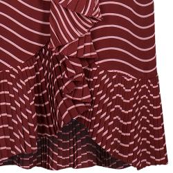 Pre Owned Tory Burch Red Opalina Wavy Striped Pleated Skirt M