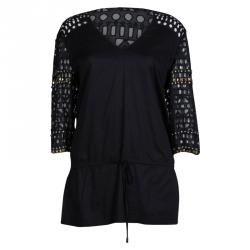 Pre Owned Tory Burch Black Cutwork Detail Studded Cotton Tunic L