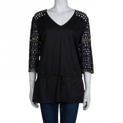 Pre Owned Tory Burch Black Cutwork Detail Studded Cotton Tunic L