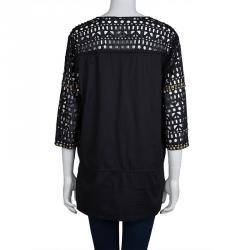 Pre Owned Tory Burch Black Cutwork Detail Studded Cotton Tunic L