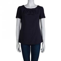 Pre Owned Tory Burch Navy Blue Short Sleeve Silk Blouse M