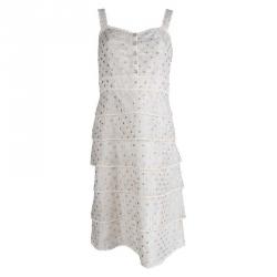 Pre Owned Tory Burch Cream Embroidered Sleeveless Tiered Dress S