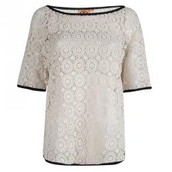 Pre Owned Tory Burch Cream Lace Short Sleeve Top XL