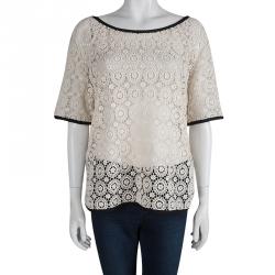 Pre Owned Tory Burch Cream Lace Short Sleeve Top XL