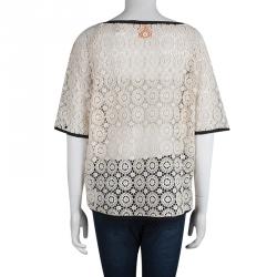 Pre Owned Tory Burch Cream Lace Short Sleeve Top XL