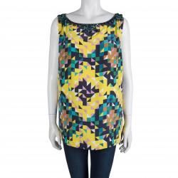 Pre Owned Tory Burch Multicolor Geometric Printed Silk Embellished Sleeveless Top XL