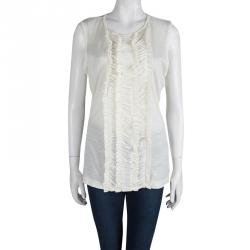 Pre Owned توب توري برش أبيض بكشكشة مزينة بلا أكمام XL