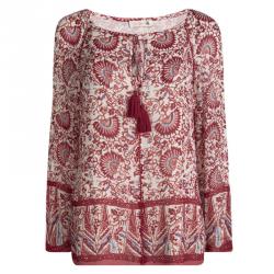 Pre Owned Tory Burch Red Floral Printed Silk Long Sleeve Top M