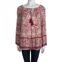 Pre Owned Tory Burch Red Floral Printed Silk Long Sleeve Top M
