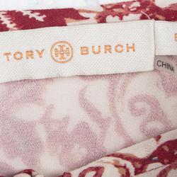 Pre Owned Tory Burch Red Floral Printed Silk Long Sleeve Top M