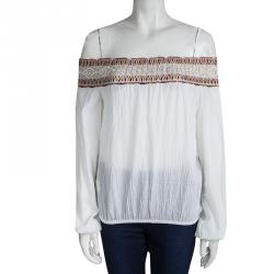 Pre Owned بلوزة توري برش غاوزيه بلا أكتاف مطرزة قطن أبيض XS