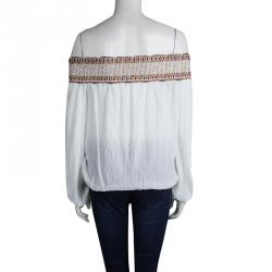 Pre Owned بلوزة توري برش غاوزيه بلا أكتاف مطرزة قطن أبيض XS
