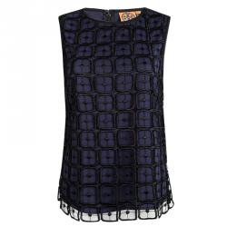 Pre Owned توب توري برش حرير أزرق كحلي طبقة دانتيل مفرغ متباين بلا أكمام M