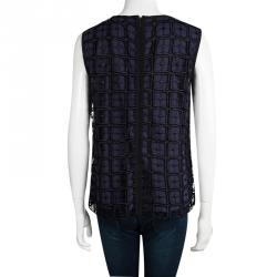 Pre Owned توب توري برش حرير أزرق كحلي طبقة دا نتيل مفرغ متباين بلا أكمام M