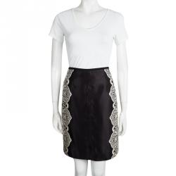 Pre Owned Tory Burch Black Satin Contrast Lace Print Skirt S