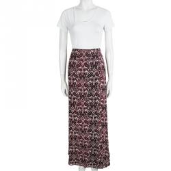Pre Owned Tory Burch Burgundy Floral Printed Silk Maxi Skirt L