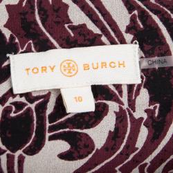 Pre Owned Tory Burch Burgundy Floral Printed Silk Maxi Skirt L