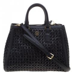 Pre Owned Tory Burch Black Woven Leather Robinson Tote