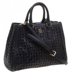Pre Owned Tory Burch Black Woven Leather Robinson Tote