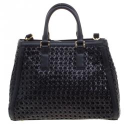 Pre Owned Tory Burch Black Woven Leather Robinson Tote