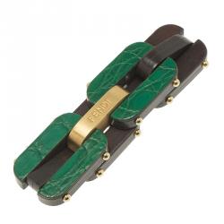 Pre Owned Fendi Link Green Croc Embossed Leather and  Wood Bracelet