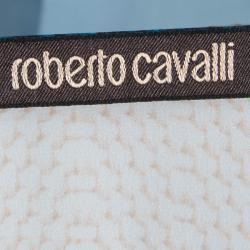 Pre Owned توب روبرتو كافالي حرير أزرق مطبوع رقبة مستديرة بلا أكمام L