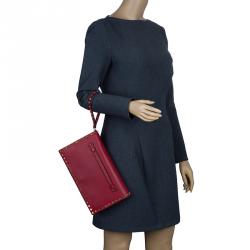 Valentino Red Leather Rockstud Flap Wristlet Clutch