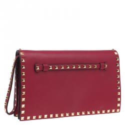 Valentino Red Leather Rockstud Flap Wristlet Clutch