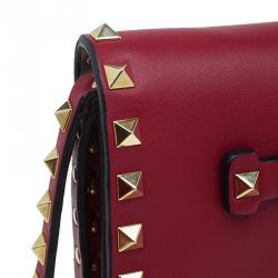 Valentino Red Leather Rockstud Flap Wristlet Clutch