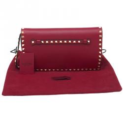 Valentino Red Leather Rockstud Flap Wristlet Clutch