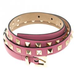 Pre Owned Valentino Pink Leather Rockstud Skinny Belt 80CM