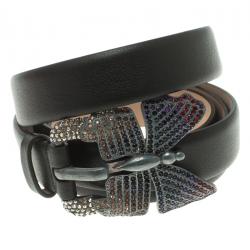 Pre Owned Valentino Black Leather Crystal Embellished Butterfly Buckle Belt 80 CM