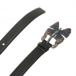Pre Owned Valentino Black Leather Crystal Embellished Butterfly Buckle Belt 80 CM