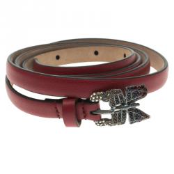 Pre Owned حزام سكيني فالنتينو إبزيم بنقوش فراشة مرصع كريستال جلد عنابني 85 سم