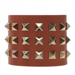 Pre Owned Valentino Rockstud Orange Leather Gold Tone Bracelet