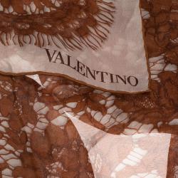 مملوكة مسبقًا Valentino White and Brown Floral Lace Print Silk Stole