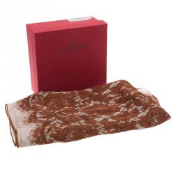 مملوكة مسبقًا Valentino White and Brown Floral Lace Print Silk Stole